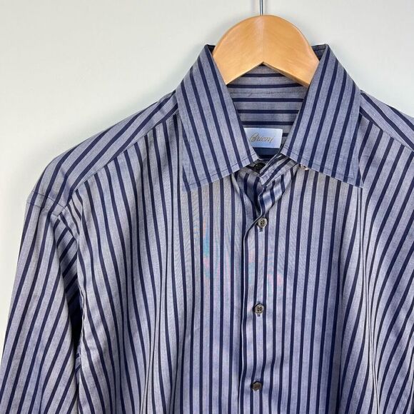 Brioni Dress Shirt Striped Button Down Long Sleeve Blue Cotton men’s size L - Picture 3 of 12